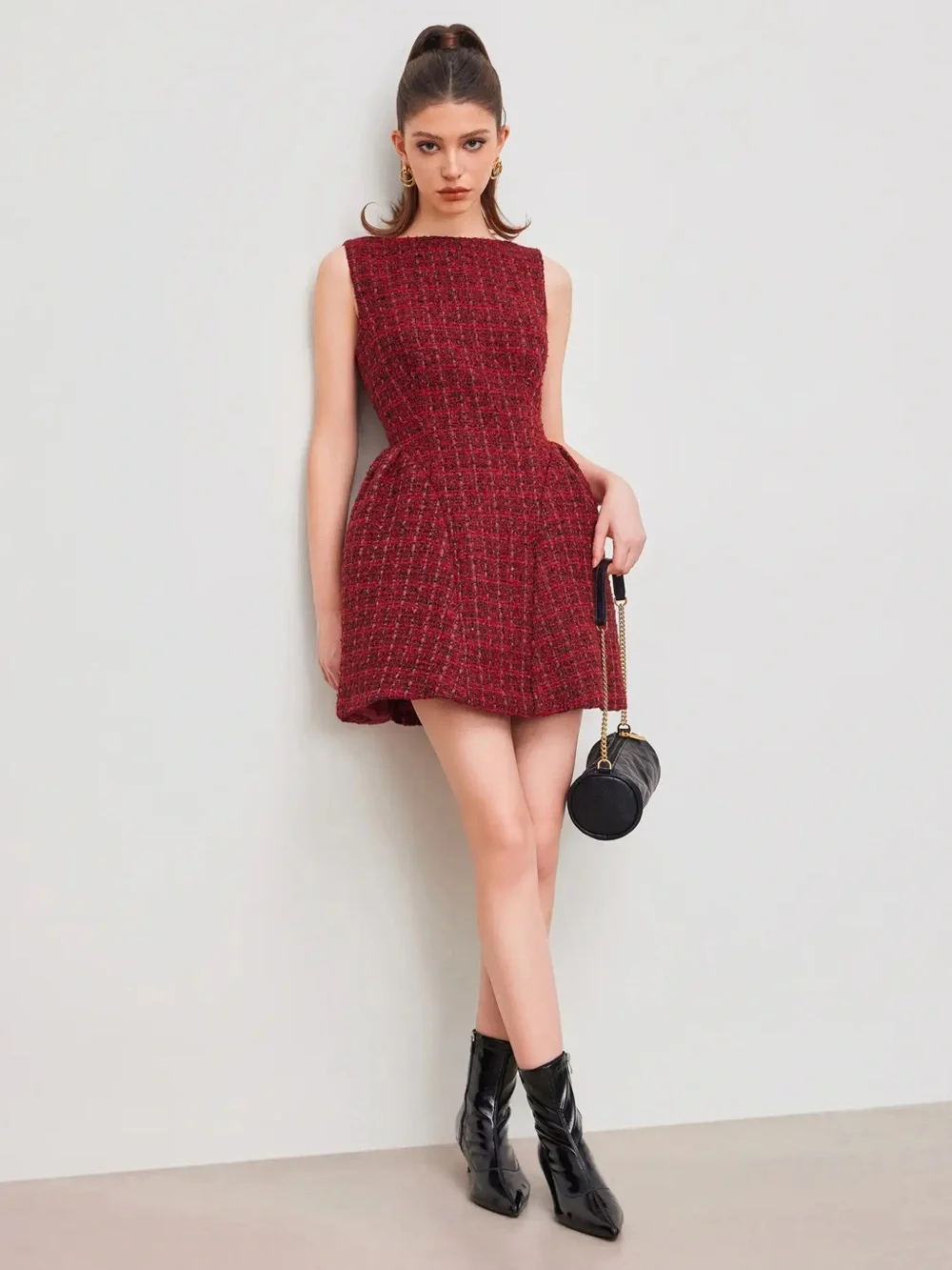 CIDER TWEED BOAT NECK MINI DRESS RED Size XS
